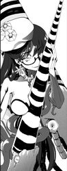  abyssal_ship barnacle between_breasts breasts earrings female glasses greyscale hat highres holding holding_weapon jewelry kantai_collection large_breasts long_hair lunga_ocean_heavy_cruiser_princess monochrome open_mouth orthocone polearm seashell shell simple_background solo tentacle tsuji_kazuho weapon 