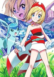  blonde_hair blue_eyes bracelet closed_mouth collar commentary_request eyelashes female glaceon grass hair_between_eyes hairband head_tilt highres irida_(pokemon) jewelry knees looking_at_viewer multiple_views pokemon pokemon_(creature) pokemon_legends:_arceus red_hairband red_shirt sash sheyona shiny_skin shirt short_hair shorts strapless strapless_shirt waist_cape white_shorts 