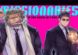  2boys alternate_costume animal_ears arsalan_(housamo) bara beard between_pectorals black_hair black_suit brown_eyes brown_fur cross english_text facial_hair fangs fingernails fire flaming_halo formal frown furry furry_male glowing green_hair halo lion_boy lion_ears looking_at_viewer male_focus mature_male medium_hair multiple_boys necktie necktie_between_pectorals pectorals scarf sharp_fingernails shirt short_hair stubble suit sunglasses tokyo_afterschool_summoners upper_body wafu_(youzora_samo18) white_scarf white_shirt yellow_eyes zabaniyya_(housamo) 