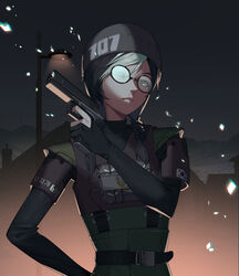  arm_up belt black_hair braid brown_eyes bulletproof_vest character_request closed_mouth collar commentary_request dokkaebi_(rainbow_six_siege) female fj_wu_cheng&#039;en flag flag_print glasses grey_hat gun hair_between_eyes handgun hat holding holding_gun holding_weapon korean_text lips long_sleeves looking_at_viewer medium_hair multicolored_hair night outdoors photoshop_(medium) rainbow_six_siege round_eyewear shaded_face shadow sky solo south_korean_flag standing trigger_discipline twin_braids upper_body vest weapon white_hair 