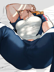  1boy aged_down alternate_costume arm_on_own_head ass bad_id bad_twitter_id bara blue_eyes boku_no_hero_academia bulge endeavor_(boku_no_hero_academia) feet_out_of_frame highres jacket jo_tuesday19 large_pectorals long_sideburns looking_at_viewer lying male_focus mature_male midriff_peek muscular muscular_male on_back on_bed pants pectorals presenting red_hair school_uniform shirt short_hair sideburns solo spread_legs sweat thick_thighs thighs tight_clothes tight_shirt track_jacket track_pants 