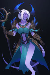  absurdres armor breasts brown_gloves clothing_cutout colored_skin distr draenei dress faulds female gloves green_dress highres horns jahlee_(sienna) large_breasts medium_hair navel navel_cutout pauldrons pelvic_curtain purple_skin shoulder_armor smile solo tail warcraft white_hair world_of_warcraft 