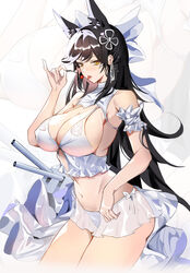  arm_scrunchie atago_(azur_lane) atago_(summer_march)_(azur_lane) azur_lane bare_shoulders bikini black_hair bow breasts commentary covered_nipples female hair_behind_ear hair_ornament highres kuroha_(rockluo213) large_breasts long_hair looking_at_viewer md5_mismatch midriff navel official_alternate_costume resolution_mismatch see-through see-through_skirt skirt solo swimsuit tongue tongue_out turret white_bikini white_bow yellow_eyes 