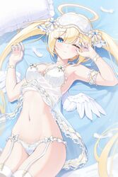  arm_garter arm_up armpits babydoll bare_shoulders blonde_hair blue_eyes blue_nails breasts closed_mouth commentary feathered_wings feathers female fingernails frilled_panties frills garter_straps halo hand_up highres kira_(kira78718520) long_hair looking_at_viewer lying medium_breasts mini_wings nail_polish navel on_back one_eye_closed original panties pillow see-through sleep_mask solo spaghetti_strap stomach symbol-only_commentary thighs twintails underwear very_long_hair white_panties wings 