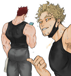  2boys ass back bad_id bad_twitter_id bara bare_shoulders black_mask black_tank_top blonde_hair boku_no_hero_academia endeavor_(boku_no_hero_academia) facial_hair grey_pants hawks_(boku_no_hero_academia) highres holding holding_phone jo_tuesday19 male_focus mask mask_pull mature_male mouth_mask multiple_boys muscular muscular_male pants phone pointing pointing_at_another red_hair short_hair sideburns smile spiked_hair sweat tank_top thick_thighs thighs yaoi 