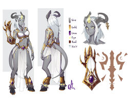  absurdres bare_shoulders breasts closed_mouth color_guide colored_sclera colored_skin commission contrapposto distr draenei female gauntlets grey_skin hand_up highres hooves horns looking_at_viewer medium_breasts midriff monster_girl multiple_views navel original parted_lips pelvic_curtain pointy_ears portrait priest_(warcraft) reference_sheet signature single_gauntlet smile tail tattoo warcraft white_eyes white_hair world_of_warcraft yellow_eyes yellow_sclera 