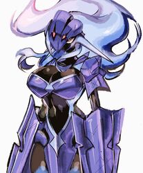  armor black_skin blue_hair breasts ceruledge colored_skin cowboy_shot female helmet large_breasts long_hair navel pokemon pokemon_(creature) simple_background solo usa37107692 weapon white_background 