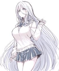  alternate_costume azur_lane blue_eyes blush bow breasts commentary_request female large_breasts long_hair long_sleeves looking_at_viewer monochrome sbs school_uniform skirt solo sovetsky_soyuz_(azur_lane) sweater uniform white_hair 