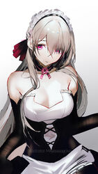  absurdres alternate_hair_length alternate_hairstyle artist_name bare_shoulders black_choker black_corset black_gloves breasts choker cleavage closed_mouth commentary_request corset dress elbow_gloves expressionless female flower gloves gradient_background grey_background grey_hair hair_ribbon highres honkai_(series) honkai_impact_3rd large_breasts long_hair looking_at_viewer mackia maid maid_headdress mole mole_under_eye pink_eyes pink_flower red_ribbon ribbon rita_rossweisse solo strapless strapless_dress upper_body white_background white_dress 