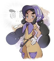  bad_id bad_pixiv_id black_hair blush bonnet closed_mouth commentary_request dark-skinned_female dark_skin eyelashes female gloves grey_eyes grey_gloves half-closed_eyes hands_on_own_hips hapu_(pokemon) jumpsuit kusuribe long_hair pokemon pokemon_sm purple_headwear short_sleeves signature smile thick_eyebrows twintails 