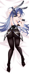  absurdres animal_ears ass azur_lane bare_shoulders black_leotard black_pantyhose breasts dakimakura_(medium) detached_collar fake_animal_ears female finger_to_mouth full_body hair_spread_out heart heart-shaped_pupils highres large_breasts leotard long_hair looking_at_viewer lying naisewow new_jersey_(azur_lane) new_jersey_(exhilarating_steps!)_(azur_lane) official_alternate_costume on_stomach pantyhose playboy_bunny purple_eyes purple_hair rabbit_ears solo strapless strapless_leotard symbol-shaped_pupils thighs very_long_hair wrist_cuffs 