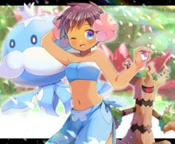  ;d arm_behind_head bandeau bare_arms bare_shoulders blue_bandeau blue_eyes blurry blurry_background breasts brown_hair collarbone commentary_request crop_top crown dark_skin depth_of_field female flower hair_flower hair_ornament holding holding_poke_ball jellicent jellicent_(male) kou_hiyoyo letterboxed looking_at_viewer mini_crown navel one_eye_closed open_mouth phoebe_(pokemon) pink_flower poke_ball poke_ball_(basic) pokemon pokemon_(creature) pokemon_rse sarong short_hair small_breasts smile tree trevenant 