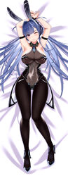  absurdres animal_ears arm_strap armpits azur_lane bare_shoulders blue_necktie bodystocking breasts cleavage covered_navel dakimakura_(medium) detached_collar fake_animal_ears female full_body hair_spread_out heart heart-shaped_pupils highres large_breasts long_hair looking_at_viewer lying naisewow necktie new_jersey_(azur_lane) new_jersey_(exhilarating_steps!)_(azur_lane) official_alternate_costume on_back one_eye_closed pantyhose playboy_bunny purple_eyes rabbit_ears see-through see-through_cleavage solo symbol-shaped_pupils thighs very_long_hair wing_collar wrist_cuffs 