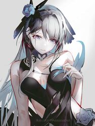  absurdres artist_name bare_arms black_dress blue_flower closed_mouth commentary_request dress expressionless eyes_visible_through_hair eyeshadow female flower grey_background grey_eyes grey_flower grey_hair hair_flower hair_ornament hand_up highres honkai_(series) honkai_impact_3rd long_hair looking_at_viewer mackia makeup mole mole_under_eye red_eyeshadow rita_rossweisse rita_rossweisse_(fallen_rosemary) simple_background solo strapless strapless_dress upper_body 