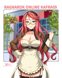  20nigu apron black_choker blurry blurry_background breasts brown-framed_eyewear brown_dress choker cleavage clipboard closed_mouth commentary_request commission copyright_name cowboy_shot dress female frilled_apron frills garter_straps glasses green_eyes holding holding_clipboard kafra_uniform large_breasts long_hair looking_at_viewer lyrus_(ragnarok_online) maid maid_headdress pink_hair ragnarok_online semi-rimless_eyewear sidelocks skeb_commission smile solo swept_bangs under-rim_eyewear very_long_hair white_apron 