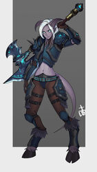  absurdres armor axe blue_eyes blue_sclera breastplate brown_pantyhose colored_sclera colored_skin death_knight_(warcraft) distr draenei female full_body grey_background grey_skin hand_up highres holding holding_axe holding_weapon hooves horns looking_at_viewer midriff monster_girl navel pantyhose pauldrons pointy_ears shoulder_armor signature simple_background solo warcraft weapon white_hair world_of_warcraft 