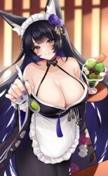  absurdres animal_ears apron azur_lane black_dress black_hair breasts colored_inner_hair dessert dress facial_mark female floral_print flower food hair_flower hair_ornament highres holding holding_spoon holding_tray incoming_food japanese_clothes large_breasts long_hair looking_at_viewer maid_apron maid_headdress matcha_(food) mochi multicolored_hair musashi_(azur_lane) musashi_(violet_moonglow)_(azur_lane) official_alternate_costume parted_lips purple_flower purple_hair purple_nails solo spoon tassel tray very_long_hair wafer_stick wide_sleeves yamaha_tsui yellow_eyes 