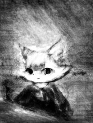  3:4 anthro bangs black_clothing black_eyes black_nose canid canine clothing empty_eyes eyelashes female female_anthro fur hair hasukii herba_(hasukii) kemono looking_at_viewer mammal monochrome prick_ears pupils shirt sitting smile solo topwear white_body white_ears white_fur white_hair 