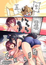  1boy 2girls animal_ears arknights ass bare_arms bare_shoulders bison_(arknights) black_hair black_shirt blonde_hair blood blue_shorts crop_top emphasis_lines english_text exusiai_(arknights) halo hm_(hmongt) horns multiple_girls no_pants nosebleed panties pink_shirt red_eyes red_hair shirt short_hair short_shorts shorts sleeveless sleeveless_shirt speech_bubble tail texas_(arknights) thighs underwear white_panties wolf_ears wolf_tail 