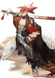  1boy abs alchemy_stars animal_skull bandaged_arm bandages black_cloak black_kimono carrying_over_shoulder chains cloak closed_mouth facial_hair full_body goatee hair_ornament hairpin headband highres japanese_clothes katana kimono looking_at_viewer male_focus mechanical_arms mouth_hold multicolored_hair navel open_clothes open_kimono pectorals prosthesis prosthetic_arm red_hair sandals scar scar_on_chest sheath sheathed shipl single_mechanical_arm sinsa_(alchemy_stars) sinsa_(wasteland_ronin)_(alchemy_stars) skeleton smile socks stalk_in_mouth standing sword toeless_legwear torn_clothes two-tone_hair v-shaped_eyebrows weapon white_hair 