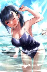  2girls black_hair blue_eyes blue_one-piece_swimsuit blue_sky breasts cloud commentary_request competition_school_swimsuit cowboy_shot day hair_ornament hairclip happy_meek_(umamusume) highres kiryuuin_aoi large_breasts leaning_to_the_side light_rays multiple_girls one-piece_swimsuit one_eye_closed outdoors partially_submerged school_swimsuit school_uniform sg_(esujii) short_hair sky solo_focus standing sunbeam sunlight swimsuit tokai_teio_(umamusume) umamusume wading water 