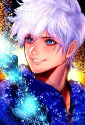  1boy blue_eyes glowing grin jack_frost_(rise_of_the_guardians) male_focus nyamunekonabe portrait rise_of_the_guardians short_hair signature smile solo teeth upper_body white_hair 