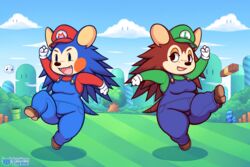  2023 3:2 animal_crossing anthro block breasts brown_body clothing cosplay crossover crossover_cosplay duo eulipotyphlan fangs female guywiththepie hedgehog hi_res lidded_eyes luigi mabel_able mammal mario mario_bros nintendo open_mouth outside overalls sable_able sibling_(lore) signature sister_(lore) sisters_(lore) slightly_chubby slightly_chubby_female smile teeth thick_thighs 