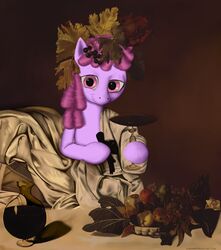  2012 alcohol apple bacchus basket berry_punch_(mlp) beverage brown_background clothing container cup digital_media_(artwork) digital_painting_(artwork) drakmire drinking_glass earth_pony equid equine female feral fig food friendship_is_magic fruit furniture glass glass_container glass_cup grape hasbro head_wreath hi_res holding_glass holding_object horse inspired_by_formal_art leaf leaf_crown looking_at_viewer mammal my_little_pony orange_(fruit) pear pink_eyes pitcher plant pomegranate pony purple_body rotting simple_background simulated_traditional_(artwork) smile solo table text toga url wine wine_glass 