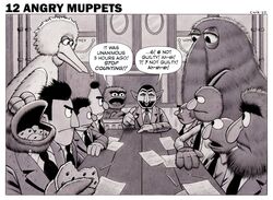  12_angry_men 2022 3_fingers anthro avian beak beard bert_(sesame_street) big_bird_(sesame_street) big_nose bird black_and_white border bruce_mccorkindale clothing cookie cookie_monster count_von_count crossover dialogue door eating elmo english_text ernie_(sesame_street) eyebrows eyewear facial_hair fangs fingers food frown furniture greyscale grouch group grover guy_smiley herry_monster hi_res humanoid looking_at_viewer male mammal monochrome monocle monster moustache mr._johnson mr._snuffleupagus muppet muppets necktie oscar_the_grouch parody pencil_(object) pipe proboscidean sesame_street shirt signature sleeping snuffleupagus suit table teeth text the_frog_prince the_muppet_show thick_eyebrows topwear trash_can unibrow vampire white_border 