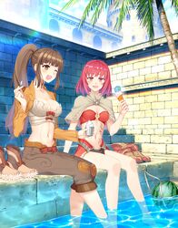  2girls absurdres barefoot blush boots bow bow_bra bra breasts brick_wall brown_capelet brown_eyes brown_footwear brown_hair brown_jacket brown_shorts cape capelet cloud collarbone commentary cup day feet_out_of_frame food fruit highres holding holding_cup holding_spoon ice_cream ike_masato in-universe_location jacket large_breasts long_hair long_sleeves looking_at_viewer looking_to_the_side mage_(ragnarok_online) medium_breasts multiple_girls one_eye_closed open_mouth outdoors palm_tree pelvic_curtain ponytail ragnarok_online red_bow red_cape red_eyes red_hair red_tube_top short_hair shorts shrug_(clothing) sitting sky soaking_feet spoon stomach_tattoo strapless tattoo thief_(ragnarok_online) tree tube_top underwear unworn_boots wading waist_cape water watermelon white_bra 