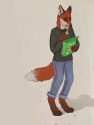  3:4 anthro barefoot biped bottomwear canid canine cherrvak clothed clothing denim denim_bottomwear denim_clothing digital_media_(artwork) digital_painting_(artwork) dog_food dog_treat eating eating_food feet female fox full-length_portrait fully_clothed isabelle_chloraker jeans mammal pants pet_food portrait snacks solo tail 