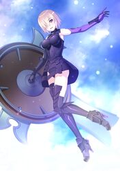  armor armored_boots armored_dress armored_legwear bare_shoulders boobplate boots cloud commentary_request dutch_angle eyes_visible_through_hair fate/grand_order fate_(series) female full_body gloves hair_over_one_eye high_heel_boots high_heels highres holding holding_shield ike_masato light_purple_hair looking_at_viewer lord_camelot_(fate) mash_kyrielight open_mouth outstretched_arm purple_eyes purple_gloves shield short_hair sky solo 