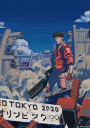  1boy akira biker_clothes black_hair blue_sky cyberpunk debris energy_gun english_commentary gloves gun highres holding holding_gun holding_weapon jacket kaneda_shoutarou knee_pads laser_rifle olympics open_clothes open_jacket pants red_gloves red_jacket red_pants short_hair sign sky standing weapon whoareuu 