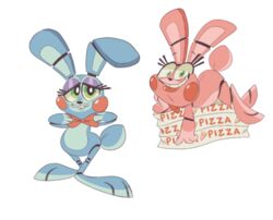  2019 animatronic anthro blue_body blue_fur bow_tie buckteeth chibi domestic_rabbit duo extraordinarycircus eyelashes female five_nights_at_freddy&#039;s five_nights_at_freddy&#039;s_2 floppy_ears food fur green_eyes kyrakupetsky lagomorph leporid looking_at_viewer lying machine male mammal multicolored_body multicolored_fur on_front oryctolagus pink_body pink_fur pizza pizza_box rabbit robot rosy_cheeks scut_tail simple_background standing teeth toony toy_bonnie_(fnaf) two_tone_body two_tone_fur video_games white_background 