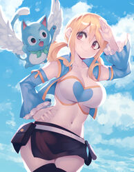  1boy :d belt black_skirt black_thighhighs blue_cat blue_jacket breasts cleavage closed_mouth cloud collarbone contrapposto cowboy_shot crop_top day detached_sleeves english_commentary fairy_tail feline female hair_between_eyes hand_on_own_hip happy_(fairy_tail) highres jacket large_breasts leaning_to_the_side long_hair long_sleeves lucy_heartfilia midriff navel open_clothes open_jacket outdoors parororo pouch red_eyes salute skirt smile stomach thighhighs twintails white_belt wings 