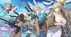  4girls akane_(blue_archive) akane_(bunny)_(blue_archive) animal_ears aqua_bow aqua_bowtie aqua_leotard assault_rifle asuna_(blue_archive) asuna_(bunny)_(blue_archive) asymmetrical_bangs black-framed_eyewear black_hair black_leotard blue_archive blue_bow blue_bowtie blue_eyes blue_leotard blue_sky bolt_action bow bowtie boys_anti_tank_rifle breasts brown_eyes brown_scarf brown_shawl bullpup chains cleaning_&amp;_clearing_(blue_archive) cleavage cloud dark-skinned_female dark_skin detached_collar dual_wielding fake_animal_ears famas fishnet_pantyhose fishnets glasses gloves gun halo handgun hibi_tsuna high_heels highres holding holding_gun holding_weapon karin_(blue_archive) karin_(bunny)_(blue_archive) large_breasts leotard light_brown_hair long_bangs long_hair mole mole_on_breast multiple_girls neru_(blue_archive) neru_(bunny)_(blue_archive) number_tattoo official_alternate_costume orange_hair pantyhose plaid_shawl playboy_bunny rabbit_ears rabbit_tail red_eyes rifle scarf shawl sig_mpx sky strapless strapless_leotard submachine_gun suppressor tail tattoo thighband_pantyhose traditional_bowtie v weapon welrod white_gloves white_leotard white_pantyhose yellow_eyes 