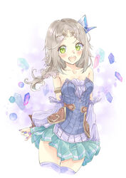  absurdres armlet arms_at_sides atelier_(series) atelier_firis bad_id bad_pixiv_id bare_shoulders blush_stickers braid braided_ponytail breasts brown_hair circlet cleavage commentary_request detached_sleeves female firis_mistlud frills gem green_eyes hair_ornament highres looking_at_viewer miniskirt miyama_leaves nail_polish open_mouth pastel_colors pleated_skirt skirt small_breasts smile solo thighhighs thighs white_background zettai_ryouiki 