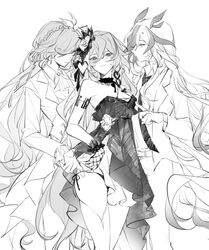  3girls alternate_costume belt bird_hair_ornament black_choker black_panties blush bow bowtie choker clenched_teeth closed_mouth dress dress_flower dual_persona earrings fu_hua fu_hua_(azure_empyrea) fu_hua_(cerulean_court) fu_hua_(fenghuang_of_vicissitude) fu_hua_(herrscher_of_sentience) fu_hua_(turn_up_the_music!)_(herrscher_of_sentience) greyscale hair_between_eyes hair_ornament hair_over_one_eye hairbow haruka_(rsyaooooo) highres honkai_(series) honkai_impact_3rd jacket jewelry long_hair long_sleeves looking_at_another monochrome multiple_girls necktie official_alternate_costume open_clothes open_jacket panties pants scales simple_background single_earring suit sweat teeth thighs underwear white_background yuri 