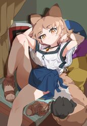  :3 animal_ears black_undershirt blue_skirt blue_trim blush brace extra_ears female foot_out_of_frame fox_ears fox_girl fox_tail frilled_footwear frilled_shirt_collar frills highres jewelry kemono_friends knee_up kunikuni_(kunihiro2005) legs light_brown_hair looking_at_viewer necklace orange_eyes pale_fox_(kemono_friends) pillow sandals shirt short_hair short_sleeves sidelocks skirt solo tail toenails toes unworn_footwear white_shirt 