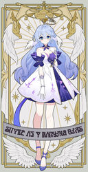  absurdres asymmetrical_footwear asymmetrical_gloves bare_shoulders blue_hair blush breasts commentary_request detached_sleeves dress elbow_gloves feathered_wings female ff2074 full_body gloves green_eyes hair_between_eyes halo hand_up head_wings highres honkai:_star_rail honkai_(series) jewel_under_eye long_hair looking_at_viewer mismatched_footwear musical_note purple_dress purple_footwear purple_sleeves robin_(honkai:_star_rail) short_sleeves single_elbow_glove sleeveless sleeveless_dress smile solo standing translation_request two-tone_dress uneven_gloves white_dress white_gloves white_wings wings 