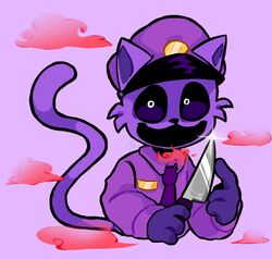  anthro bonnie_kuro catnap_(poppy_playtime) cosplay crossover crossover_cosplay domestic_cat felid feline felis five_nights_at_freddy&#039;s hi_res holding_knife holding_object knife looking_at_viewer male mammal mob_entertainment open_mouth poppy_playtime purple_guy_(fnaf) red_smoke scottgames security_uniform smiling_critters smoke solo tail 