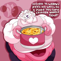  1:1 anthro apron belly canid canine canis caring closed_eyes clothed clothing comforting curled_hair digital_media_(artwork) domestic_dog english_text femboy fluffy food fujiyama_kenhaku fujiyama_samoyed_(artist) fur hair hi_res looking_at_viewer male mammal motherly nordic_sled_dog obese obese_anthro obese_male overweight overweight_anthro overweight_male samoyed simple_background smile solo soup spitz sweater text topwear white_body white_fur 