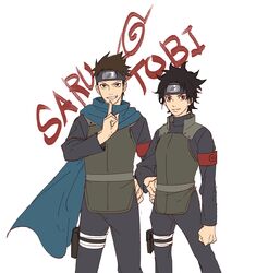  1boy armband bad_id bad_pixiv_id black_hair boruto:_naruto_next_generations brown_hair cousins female forehead_protector grin hand_on_own_hip highres kuji-in looking_at_viewer naruto_(series) noeunjung93 red_eyes sarutobi_konohamaru sarutobi_mirai scarf short_hair smile 