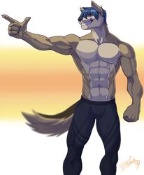  2019 5_fingers abs anthro biceps black_nose bottomwear canid canine canis clothed clothing feralise fingers fur green_eyes hair jackal male mammal muscular muscular_anthro muscular_male pants pecs simple_background skintight_clothing solo standing tight_bottomwear tight_clothing tight_pants topless 