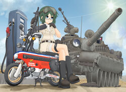  assault_rifle blue_eyes breasts caterpillar_tracks cloud commentary_request day female gas_pump gas_pump_nozzle gas_station glasses gun highres honda honda_motocompo lr-300 machine_gun mechanical_pencil mikeran_(mikelan) military military_vehicle motor_vehicle motorcycle original pencil rifle short_hair sitting sky solo sun t-72 tank traditional_media weapon 