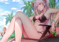  3girls :3 :q absurdres admiral_hipper_(azur_lane) ahoge anger_vein armpits azur_lane bare_shoulders bikini black_bikini blush bound braid breasts chair chinese_commentary cleavage collarbone commentary_request cross crossed_legs cup day drinking_straw drooling elbow_rest fei_luo_mao food french_braid fruit grapes groin hair_between_eyes headgear highres iron_cross large_breasts licking licking_finger long_hair looking_at_viewer lounge_chair multicolored_hair multiple_girls navel one-piece_swimsuit open_clothes open_mouth outdoors photoshop_(medium) prince_of_wales_(azur_lane) prince_of_wales_(sun_shining_upon_windsor)_(azur_lane) prinz_eugen_(azur_lane) red_hair rope sarong see-through short_hair sidelocks sitting skindentation smile stomach streaked_hair sun swimsuit thighs tied_up_(nonsexual) tongue tongue_out tropical_drink two_side_up very_long_hair wet white_hair 