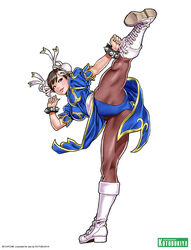  boots bracelet brown_eyes brown_hair capcom chinese_clothes chun-li double_bun female full_body jewelry kicking kneepits legs lips lipstick makeup pantyhose sash short_hair simple_background smile solo spiked_bracelet spikes spread_legs street_fighter street_fighter_ii teeth yamashita_shun&#039;ya 