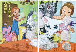  android andromon bandai biyomon cape claws cooking digimon digimon_adventure_02 female hat multiple_boys multiple_girls official_art tailmon takenouchi_sora wizardmon yagami_hikari 