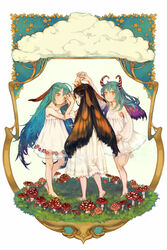  3girls antennae aqua_hair arm_at_side arm_up arthropod_girl back barefoot black_hair blue_hair border brightwing brown_hair closed_eyes closed_mouth cloud colored_eyelashes commentary_request crown detached_sleeves dress flat_chest floral_print full_body grass hair_between_eyes hair_wings hand_up head_tilt heroes_of_the_storm highres holding_hands horns interlocked_fingers long_hair long_sleeves looking_at_another monster_girl moth_girl multicolored_hair multiple_girls mushroom nail_polish orange_eyes orange_hair orange_nails poison_mushroom puffy_sleeves see-through short_dress short_sleeves sleeveless sleeveless_dress smile soles sparkle standing standing_on_one_leg star_(symbol) striped sundress two-tone_hair very_long_hair wakatsuki_(etoiles) white_background white_dress wings 