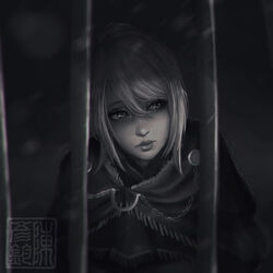  anastacia_of_astora cape commentary dark_souls_(series) dark_souls_i female greyscale hair_between_eyes in_cage koyorin lips long_hair looking_to_the_side monochrome photoshop_(medium) ponytail prison prisoner sitting solo 